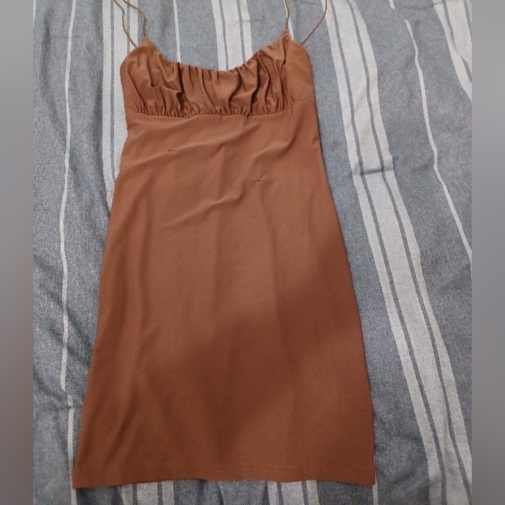 Better Be Dress, Brown, bodycon, Ruched bodice, Spaghetti straps, couple of snag